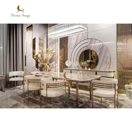 High-End Luxury Rectangular Marble Dining Set – Gold Stainless Steel Base, 8 Seater for Villa