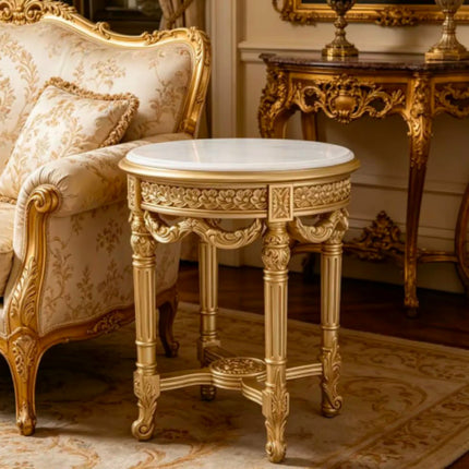 Antique Solid Wood French Console Side Table Hand Carving Sofa Side Table Luxury Natural Marble Top Round Rustic Side Table
