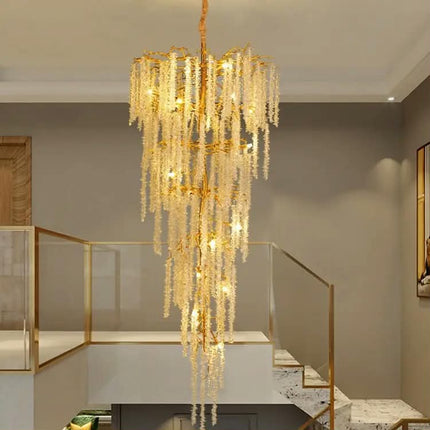 Modern Luxury Large Stairwell Lighting Crystal Golden Chandeliers Pendant Lights for Hotel Lobby