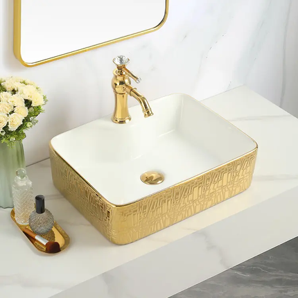 Black Square Ceramic Vessel Sink Gold Pattern Countertop Wash Basin Art Design Vanity Basin For Bathroom Wholesale Supplier