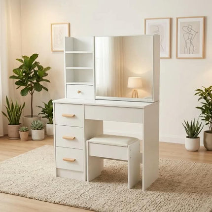 LED Modern Mango Panel Design Makeup Vanity Table 3 Light Modes Built-in Power Outlets Hairdryer Cushioned Stool Storage