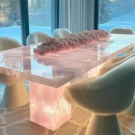 Natural Stone Backlit Marble Slabs Furniture Backlit Led Illuminated Marble Table Rectangular White Onyx Lumistone Dining Table