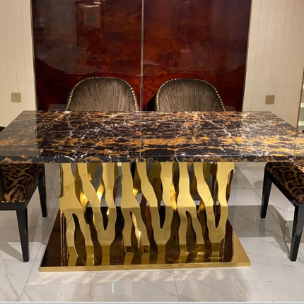 Leidenuo Zebra-D Modern 6-Piece Brushed Gold Marble Top Glass Dining Room Furniture Set Certified for Home