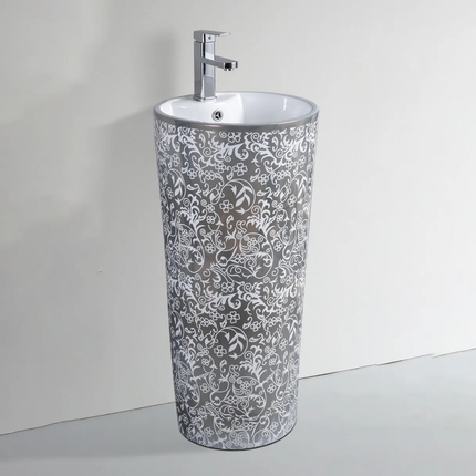 Luxury Modern Royal Design Bathroom Ceramic One-Piece Orange Flower Pattern Pedestal Basin Single-Hole Faucet Mount CORONIS 9L