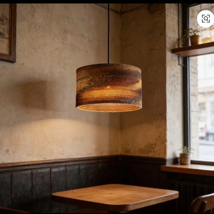 Rustic Wooden Pendant Light – Cylindrical Hanging Ceiling Lamp for Café or Dining Area, Warm Ambient Industrial Lighting Fixture