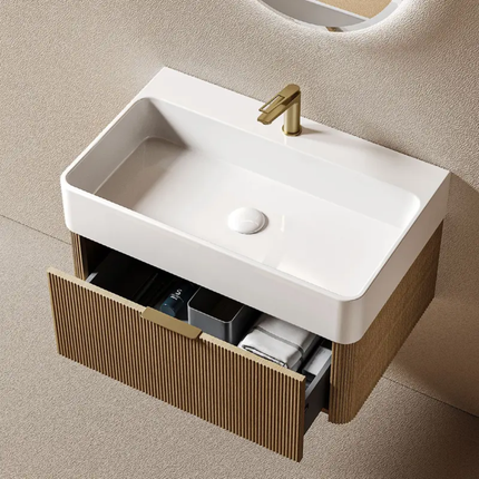 Artistic luxury fluted wood floating vanity with oval LED backlit mirror, elegant and functional design.