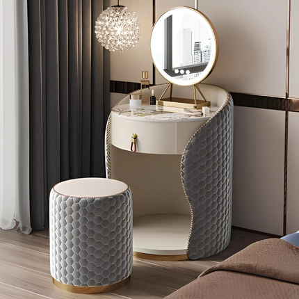 French European Luxury Solid Wood Vanity Set Lighted Adjustable Mirror Stool Modular Storage Space-Saving For Apartment Bedroom