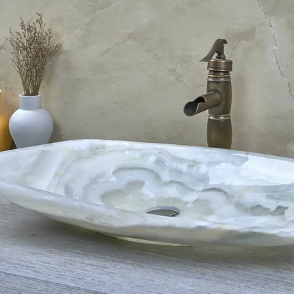 Luxury Modern Polished Natural White OnyxStone Unique Shape Big Size Vessel Sink Wash Basin For Bathroom Hotel
