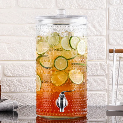 New Design 3.8L Clear Embossed Glass Beverage Dispenser With Tap Lid for Juice Lemonade Party-BPA Free