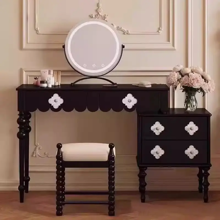 Solid Wood Walnut Color Dresser With LED Lighted Mirror Extendable Makeup Vanities For Bedroom Furniture For Apartments