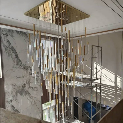 Customized Luxury LED Long Chandeliers Golden Crystal Staircase Pendant Light for Hotel Lobby Villa Customizable Lighting