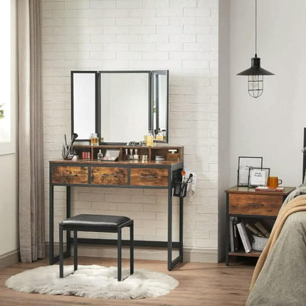 Dressing Table With Mirror And Stool Vanity With Tri-Fold Mirror 3 Drawers Makeup Desk Industrial Style Rustic Brown And BLack