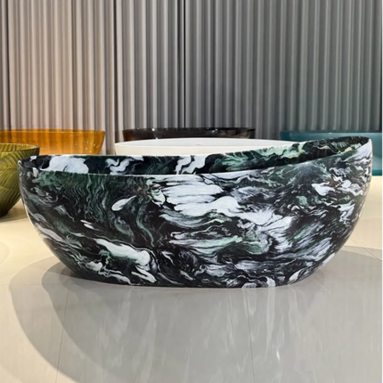 Luxury Black Green Marble Solid Freestanding Bathtub Artificial Stone Carved Oval Soaking Tub for Hotel Villa Bathroom