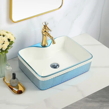 Black Square Ceramic Vessel Sink Gold Pattern Countertop Wash Basin Art Design Vanity Basin For Bathroom Wholesale Supplier