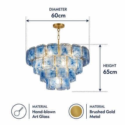 Modern Luxury Tiered Blue Art Glass Chandelier Gold Brass Art Deco Round Pendant Light for Living Room Dining Room Decor