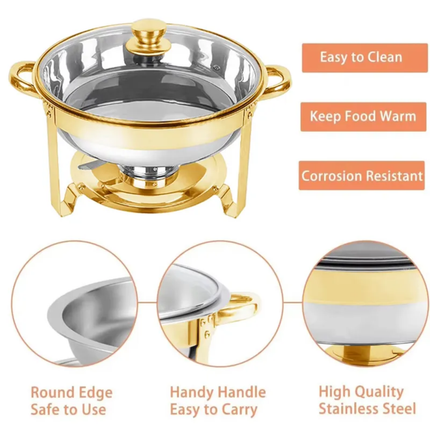 4.5L Half Gold Stainless Steel Chafing Dish Buffet Stove Hotel Warming Stove Round Alcohol Stove Food Heater