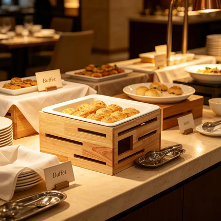 Hotel Catering Wooden Buffet Riser Multi Tier Dessert Display Shelf With Ceramic Tray For Wedding Banquet Party Table Decor