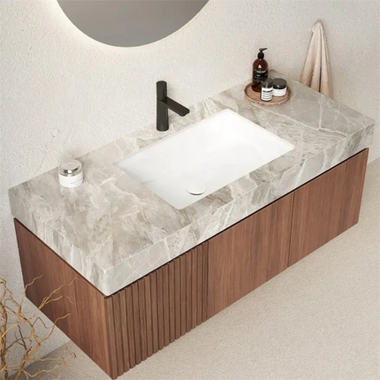 On-Trend Slat Style Bathroom Vanity – Custom Wood Veneer Cabinet, Integrated Sink, Custom Colors Available