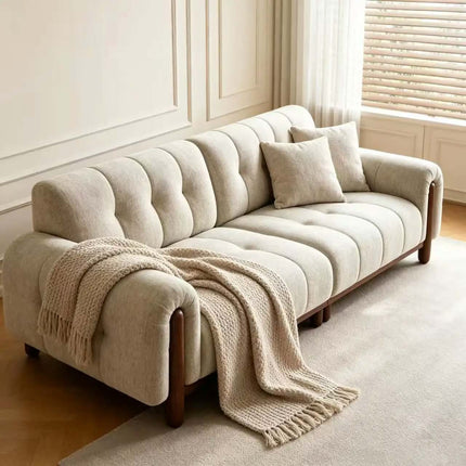 Modern Square Tufted Fabric Sofa Three Seat with Wood Legs Chesterfield Style Living Room Furniture