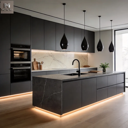 Custom Modern Minimalist Kitchen Design Plywood Flat Panel Cupboards Luxury Wood Grain Island Kitchen Cabinets Set