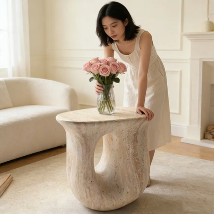 Modern Organic Shape Travertine Side Table Luxury Sculpture Natural Stone End Table Cream Beige Wabi Sabi Bedside Stool