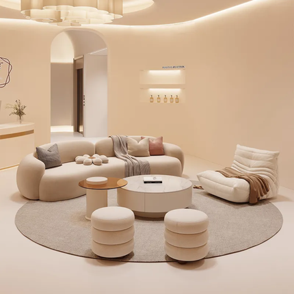 Soft Whisper Contours Premium Aesthetic Contemporary Sanctuary Sofa Set with Relaxed Chaise and Minimalist Poufs