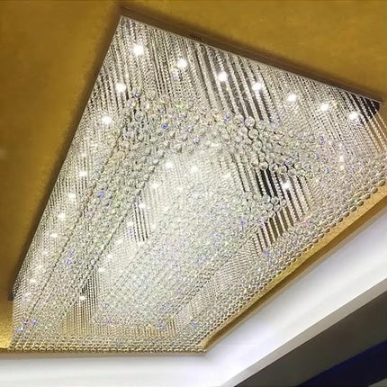 Large Luxury Gold Crystal Long Square LED Chandelier Adjustable Height Acrylic Stainless Steel Switch Remote for Hotel Lobby