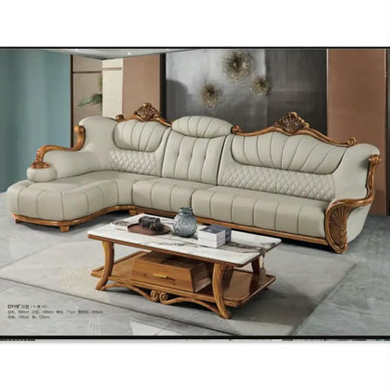 High End Genuine Leather Tufted Sofa Set European Modern Corner L-Shape Luxury Solid Wood Frame Apartment Living Room Furniture