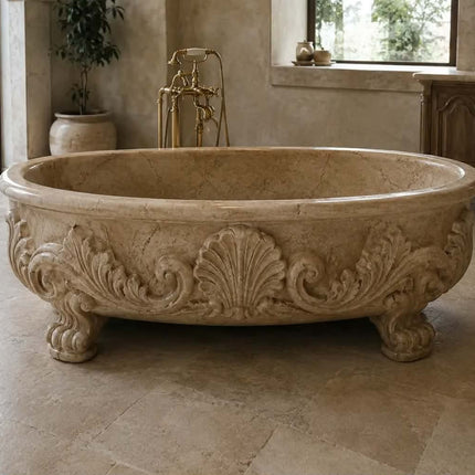 High End White Marble Bathtub With Lion Head And Scroll Carving Freestanding Luxury Stone Tub For Hotel Bathroom Decor