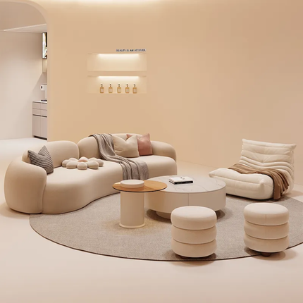 Soft Whisper Contours Premium Aesthetic Contemporary Sanctuary Sofa Set with Relaxed Chaise and Minimalist Poufs