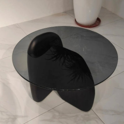 European Modern Minimalist Home Living Room Furniture 8mm-Thick Grey Glass Round Center coffee table with Solid Ash Wood Legs