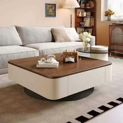 Square coffee table with wooden tabletop and black base