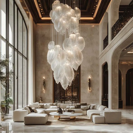 Custom White Feather Glass Round Modern High Hanging Pendant Lamp Large Luxury Chandelier