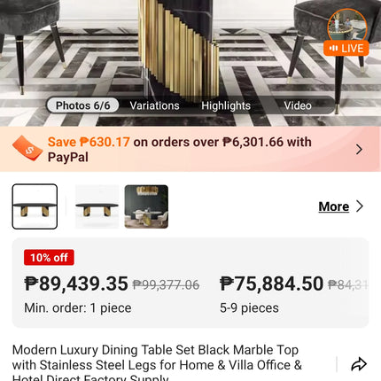 Modern Luxury Black Marble Dining Set – Stainless Steel Legs, Factory Direct for Home Villa Hotel