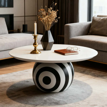 Made of FiberGlass Modern Round Fiberglass Coffee Table Black White Striped Center Table For Apartment Hotel Living Room Commercial Furniture Decor