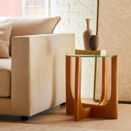 Minimalist Home Furniture Integrated Curved  Solid Wood Frame Clear Tempered Glass Round Side Table Coffee Table For Living Room Villa