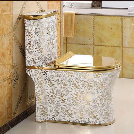White Gold Floral Pattern Toilet Italian Design Elegant Bathroom Masterpiece
