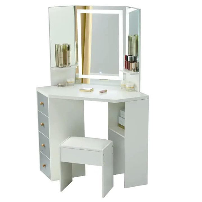 Bedroom Furniture Corner Vanity Set Makeup Dressing Table With Three-Fold Mirrors LED Tounch Mirror And Cushioned Stool