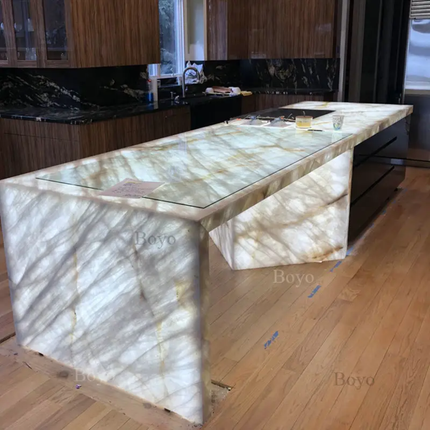 Natural Stone Backlit Marble Slabs Furniture Backlit Led Illuminated Marble Table Rectangular White Onyx Lumistone Dining Table