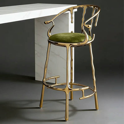 Olive Green Velvet Seat High-End Luxury Counter Stool Artistic Dripping Brass Bar Chair  for Restaurant Villa Interior