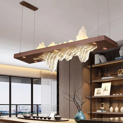 Nordic Living Room Rectangular Classical Villa Pendant Light Wooden Simple Acrylic Line Pendant Light