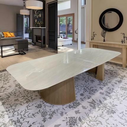 Royal White Marble Top Dining Table Supreme Luxury Design with Solid Wood Base