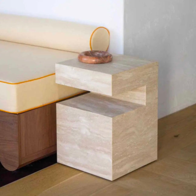 Modern Luxury Beige Travertine Marble Plinth Side Table Modern Design Bedside Table For Home Marble Stone Sofa Side End Table