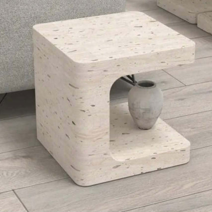 Modern Nordic Side Table White Travertine Marble Minimalist Square C-Shaped for Home Living Room