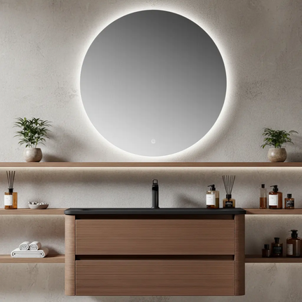 Minimalist fluted wood floating bathroom vanity paired with round LED backlit mirror for modern clean style