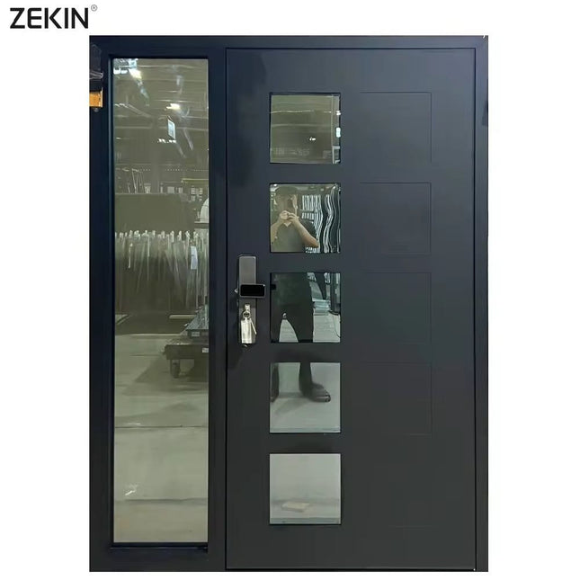 ZEKIN Modern Aluminum Front Entry Doors a with Sidelight Tempered Glass Hurricane Impact European Exterior Aluminum Entrance Doors