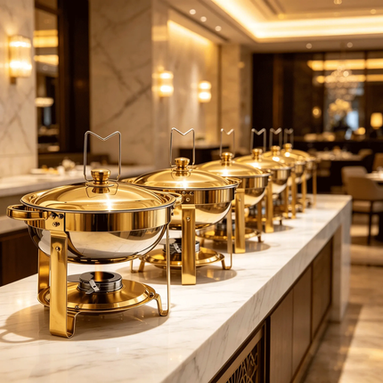FLEY Round 4.5L Luxury Buffet Food Warmer Stainless Steel Gold Silver Chafing Dish With Lid For Hotel Party Banquet Supplies