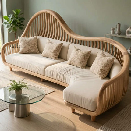Elegant Scandinavian Wooden Sofa with Unique Curved Backrest Design For Modern Home Decoration