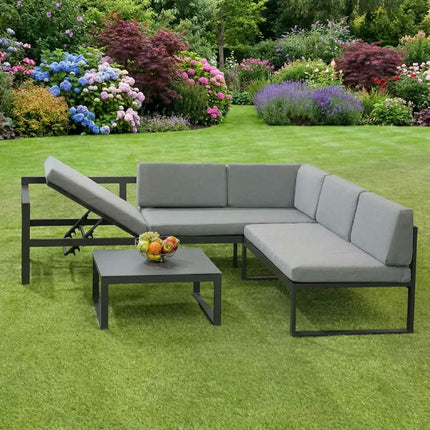 L-Shaped Adjustable Back Modern Design Outdoor Sectional Sofa Set Matte Black Aluminum Frame Removable Light Grey Cushions PE