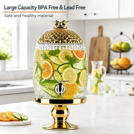 Large Capacity Pineapple-Shaped Glass Beverage Dispenser Gold Metal Stand Leakproof Spigot BPA Free Dishwasher Microwave Safe